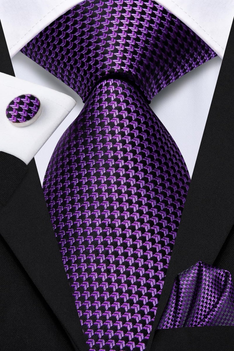 Dubulle Mens Black Purple Tie and Lapel Pin Paisley Striped Floral Necktie for Men Pocket Square Cufflinks Wedding Party - Image 3
